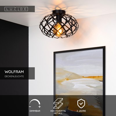 Lucide WOLFRAM - Deckenleuchte - Ø 30 cm - 1xE27 - Schwarz
